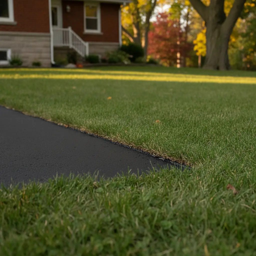 The edge line where the driveway meets the lawn.